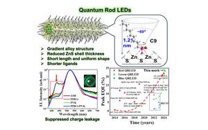Green-emitting CdSe/ZnₓCd₁₋ₓS quantum rods with gradient shell, uniform shape, and shortened ligands enable high photoluminescence quantum yield (PLQY) and efficient charge injection. Combined with a double hole transport layer structure to suppre