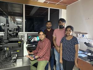 Research team from right to left: Madhumitha Balakrishnan, Dwaipayan Chakrabarty, Vignesh Olakkal (co-first authors of the paper), and Sachin Kotak