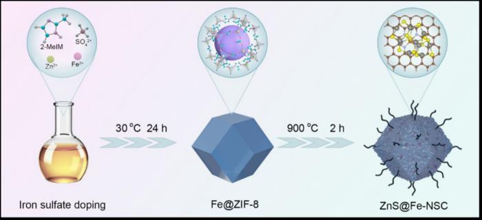 Schematic illustration of the ZnS@Fe-NSC catalyst synthesis