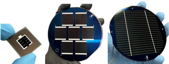 Photographs of the 1, 4 and 54 cm2 triple-junction solar cells, showing process up-scaling. 2026 EPFL PV-Lab CC BY SA