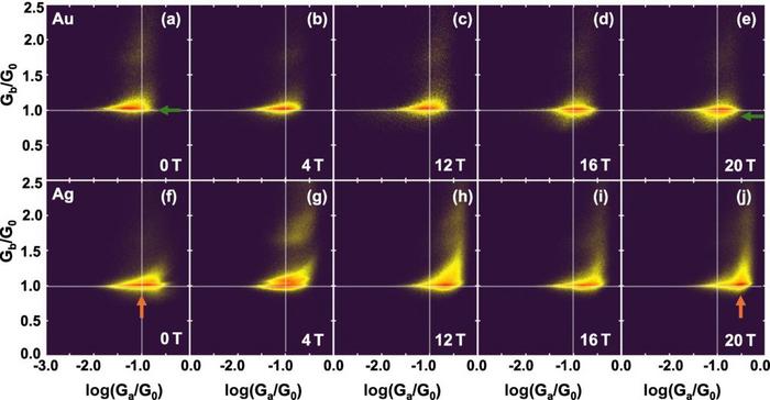 Fig: Colour maps demonstrating the discovery: top, how gold loses conductivity (green arrow) under extreme magnetic fields; and bottom, how silver alters its behaviour before contact (orange arrow).