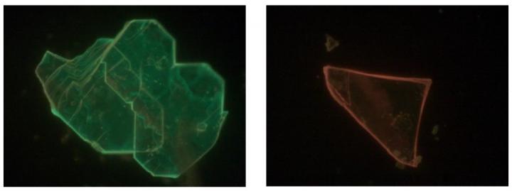 Two perovskite flakes with different photoluminescent colors