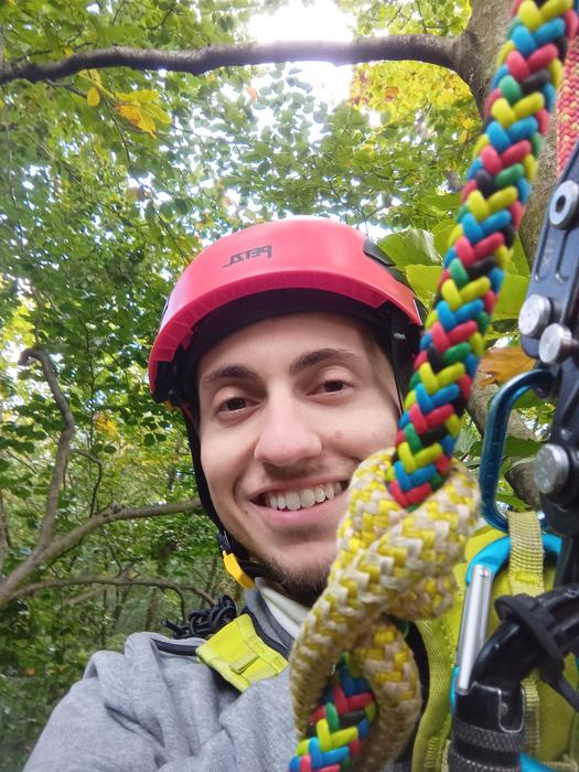 Lead author Pedro Mittelman, University of Göttingen, climbing a beech tree to install a camera for monitoring tree-dwelling small mammals