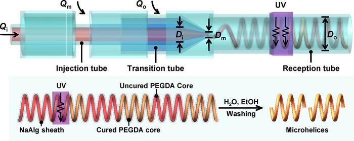 SCHEMATICAL ILLUSTRATIONS OF THE FABRICATION PROCESS OF MICROHELICES IN MICROFLUIDICS.