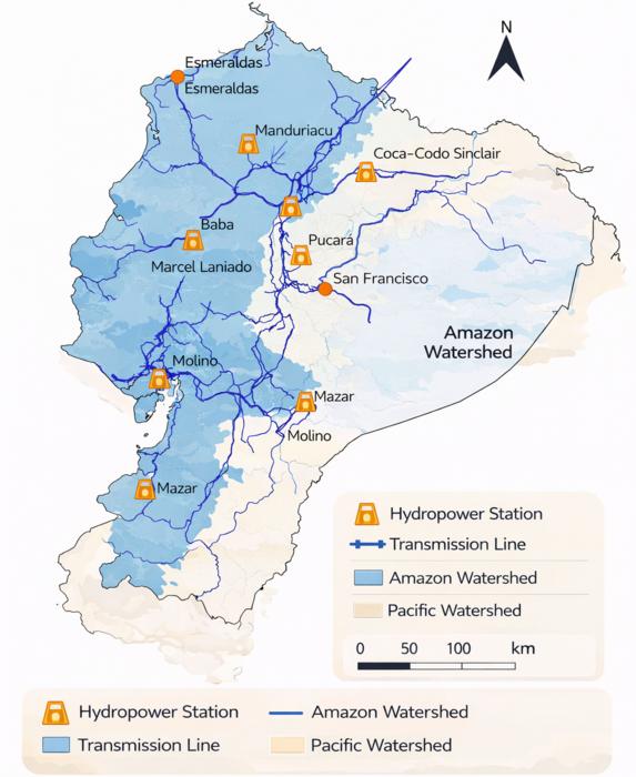Where are Ecuador’s key hydropower plants located?