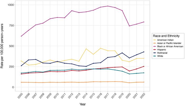 Annual age-adjusted rate of assault injuries by race and ethnicity, 2005-2022.