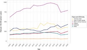 Annual age-adjusted rate of assault injuries by race and ethnicity, 2005-2022.
