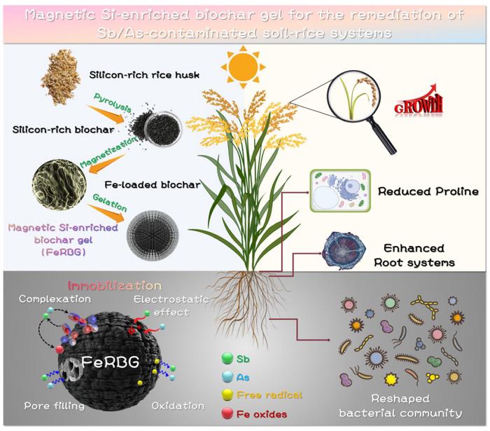 Magnetic silicon-enriched biochar for effectively mitigating As and Sb in soil-rice continuum: from integrated geochemical, microbial, and phytophysiological insights
