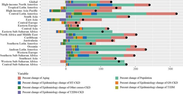 Decomposition analysis of regional changes in the global CKD burden in women, 1990–2021.