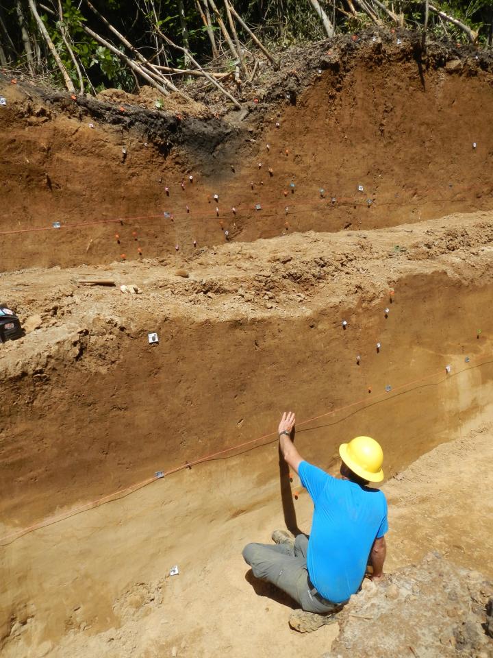 Richard Briggs, USGS, Takes a Close Up Look at the Wall of the Sackungen in the Trench