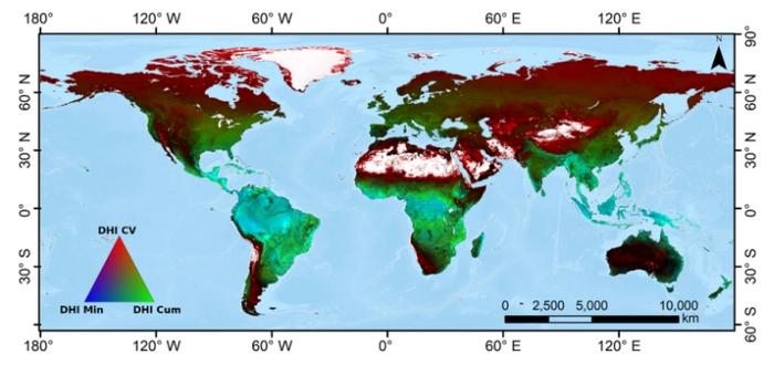 Combined DHI where coefficient of variation DHI was assigned to the red band, cumulative DHI to the green band and minimum DHI to the blue band of the image.