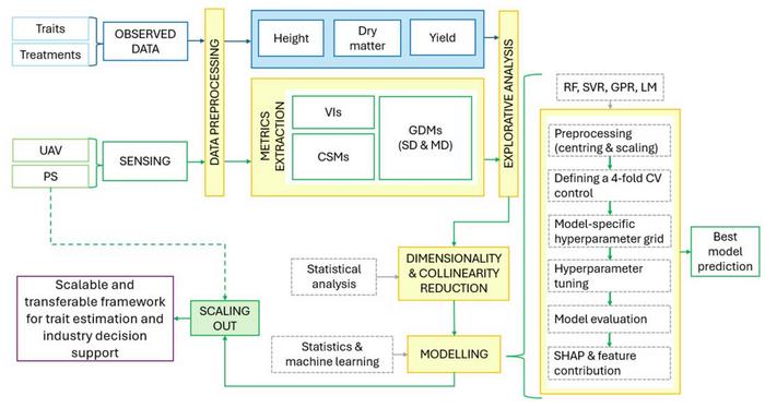 Workflow for predicting cotton traits from sensing-derived metrics.