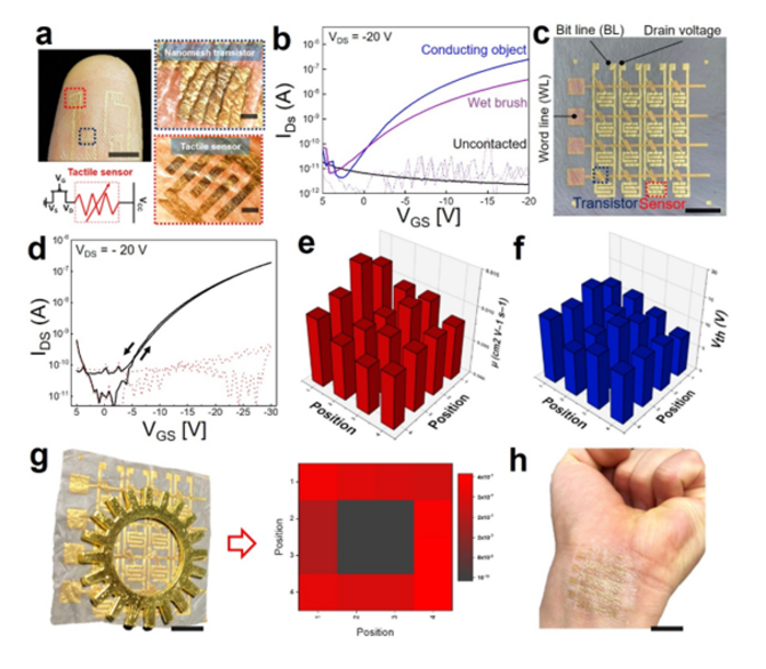 Integrated tactile sensors of various sizes were demonstrated. Electrical and mechanical properties were excellent and implementing complex circuits in combination with various sensors appears possible.
