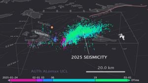 Screenshot: earthquakes and imaged magmatic dike intrusion near Santorini