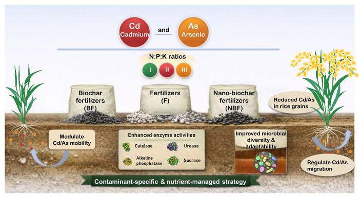 Influence of (nano-)biochar-based fertilizer on rice plant growth and metal(oild) uptake under the co-exposure of cadmium and arsenic in a life-cycle greenhouse study