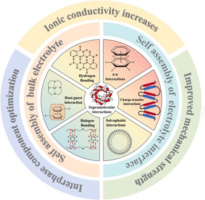 Fig. 1. Illustration of how self-assembly with supramolecular interactions enhance SSLBs performance in bulk electrolyte and at the interface of electrolyte