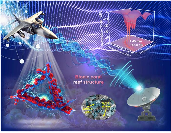 Inspired by biomimetic coral reefs, the trimetallic layered dihydroxide self-assembled Ti₃C₂Tx MXene enhances multiple scattering for high-performance microwave absorption and radar stealth