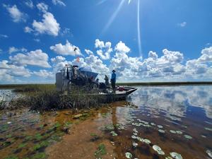 Scientists in boat in Everglades