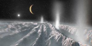 An artist’s impression of plumes erupting onto the surface of Enceladus.