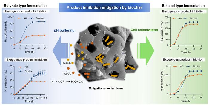Quantitative analysis of the mechanism of biochar in alleviating product inhibition in different fermentative hydrogen production processes