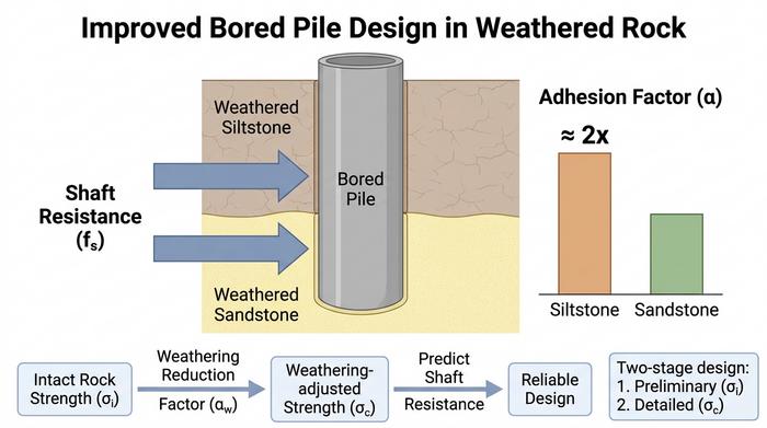 Data-driven adhesion factors for safer and more efficient bored pile design in weathered siltstone and sandstone