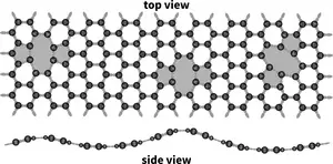 Fig. 2: Schematic representation of the atomic structure of graphene. The black spheres represent carbon atoms, the gray rods illustrate bonds between them. The gray-marked areas represent vacancies, which cause the corrugation visible in the side view.