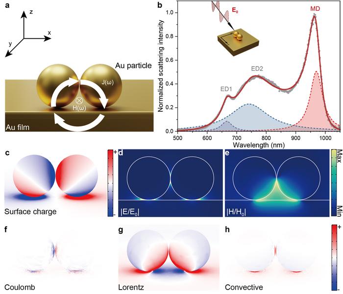 Figure 1 | Schematic diagram of Lorentz-term-driven SHG induced by the magnetic dipole (MD) resonance in a dimer-on-film nanocavity: the plasmon-enhanced, spatially overlapping electromagnetic field at the fundamental frequency amplifies the Lorentz contr