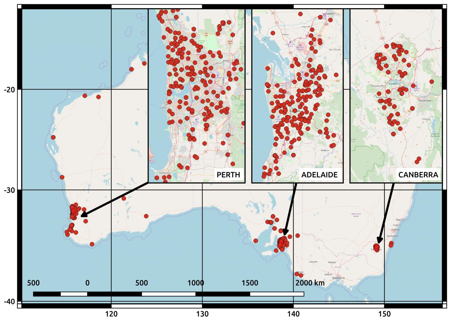 Map of Australia highlighting Perth, Western Australia; Adelaide, South Australia; and Canberra, Australian Capital Territory