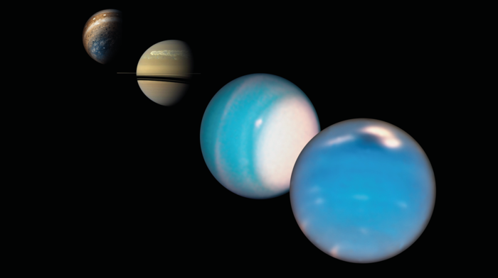 Composite image of Neptune, Uranus, Saturn and Jupiter.