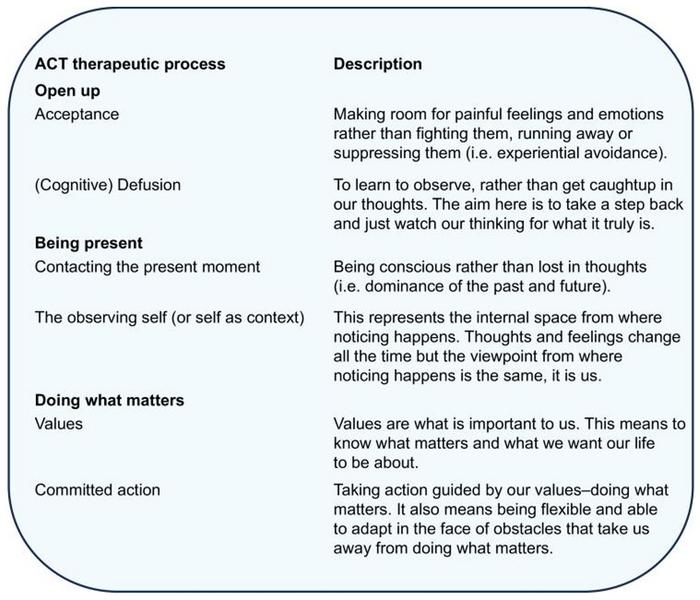 The six therapeutic processes of ACT to promote psychological flexibility and engagement in valued activities and actions