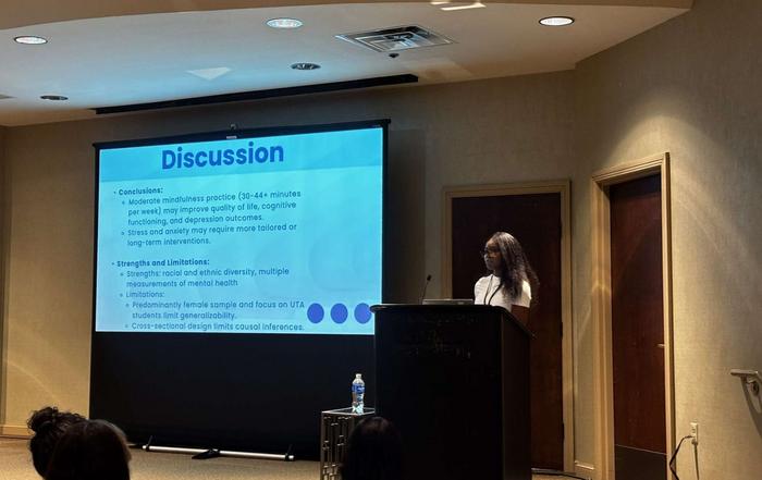 Ope Oyeyemi presented her study’s findings on mindfulness and anxiety at the Southwestern Psychological Association Convention in Little Rock, Arkansas
