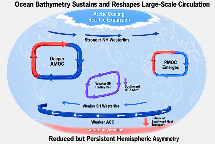Ocean Bathymetry Sustains and Reshapes Large-Scale Circulation