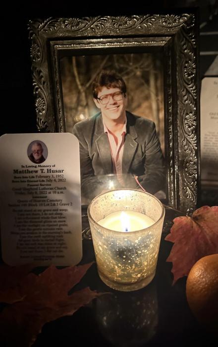 A memorial for clinical trial participant Matthew Husar, who lived for roughly two years after starting the trial