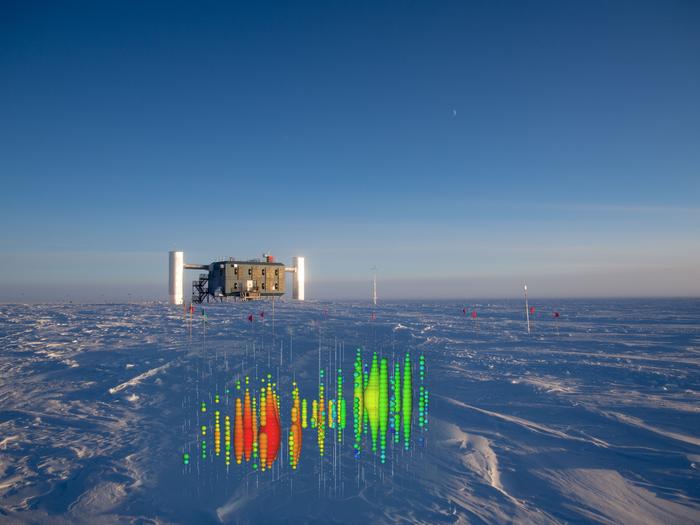 The above-ground part of the IceCube experiment and a graphic simulation of a measurement signal from the detectors in the ice