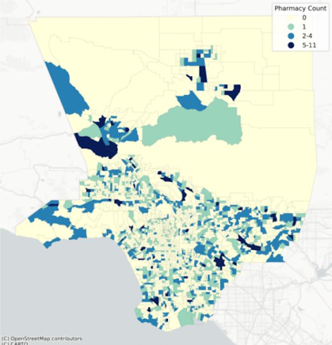 The number of pharmacies in Los Angeles county.