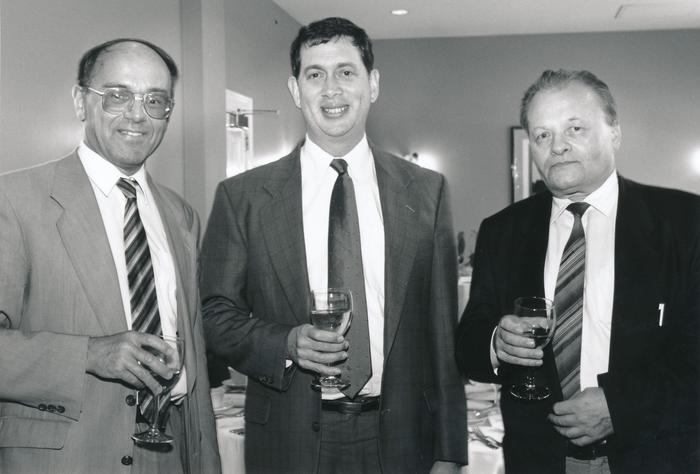 Antonín Holý with Belgian virologist and longtime collaborator Erik De Clercq and John C. Martin, President and CEO of Gilead Sciences, United States, 1996