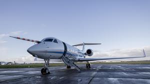 Research aircraft HALO in its parking position at Shannon airport. With its nose boom, it conducts airborne atmospheric pressure measurements. (Photo: Tuule Müürsepp, ETH Zurich)
