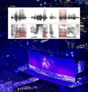 Taylor Swift performing during her Eras tour (credit Maura Shapiro) with vocal frequency analysis overlaid (credit: Miski Mohamed and Matthew Winn).