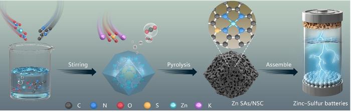Schematic illustration of the synthesis and structure of Zn SAs/NSC with asymmetric Zn-N₄-S sites