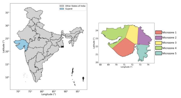 Maps showing the geographical position of Gujarat within India and the five microzones in Gujarat