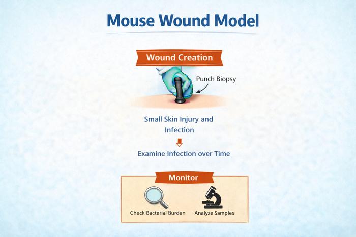 Mouse wound infection model showing a circular punch‑biopsy wound used to study how bacterial infections progress over time