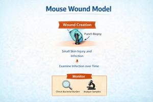 Mouse wound infection model showing a circular punch‑biopsy wound used to study how bacterial infections progress over time