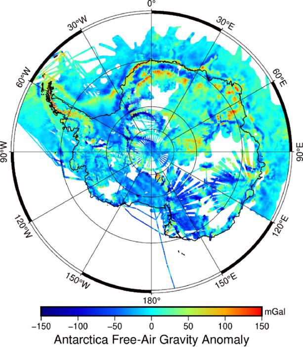 Distribution of airborne gravity data in the Antarctic region. The figure shows the distribution of airborne gravity data above 60°S in the Antarctic region. The latitude circles marked in the figure correspond to 60°S, 70°S, and 80°S, moving inward f
