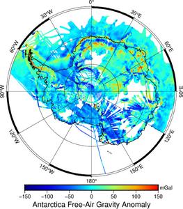 Distribution of airborne gravity data in the Antarctic region. The figure shows the distribution of airborne gravity data above 60°S in the Antarctic region. The latitude circles marked in the figure correspond to 60°S, 70°S, and 80°S, moving inward f