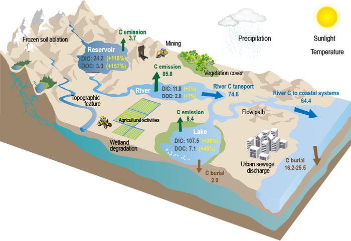 Conceptual model of driving mechanisms associated with dissolved carbon storage and flux and China’s inland water carbon budget
