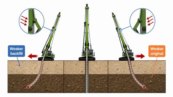 How strength differences between backfilled and original ground affect pile installation