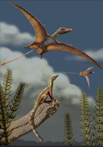 Reconstruction of a Late Triassic landscape (approximately 215 million years ago). A lagerpetid, a close relative of pterosaurs, is perched on a rock, observing pterosaurs flying overhead.