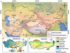 Study area overview of Asian drylands showing (A) national and provincial boundaries, (B) elevation in meters, and (C) current land cover classification (2020).