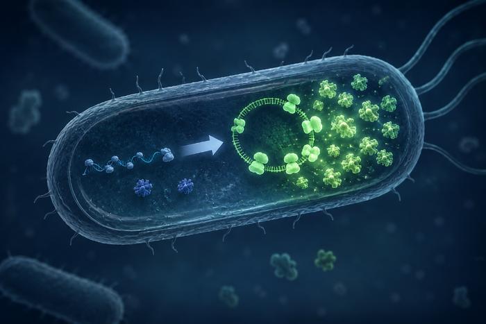 Conceptual image illustrating CRESEnT technology, which circularizes linear mRNA inside microbial cells to increase protein production