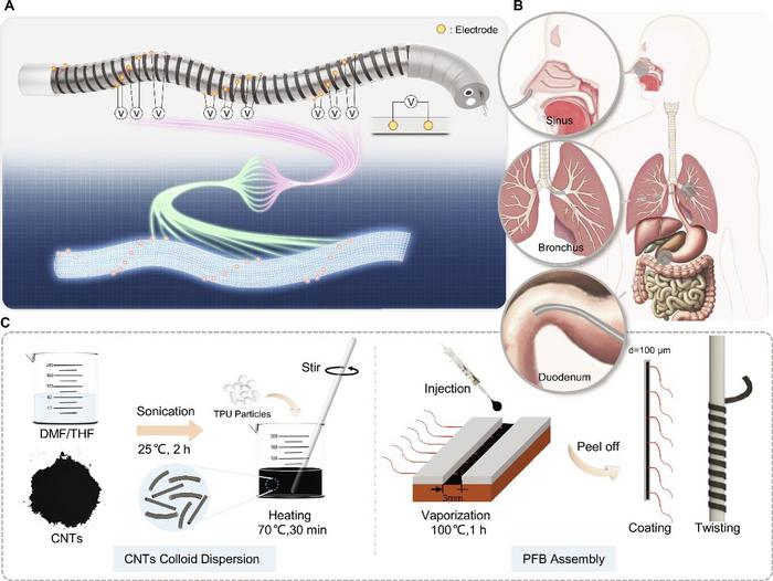 Shape sensing in slender medical continuum robot (SMCR) with piezoresistive fiber bandage (PFB).
